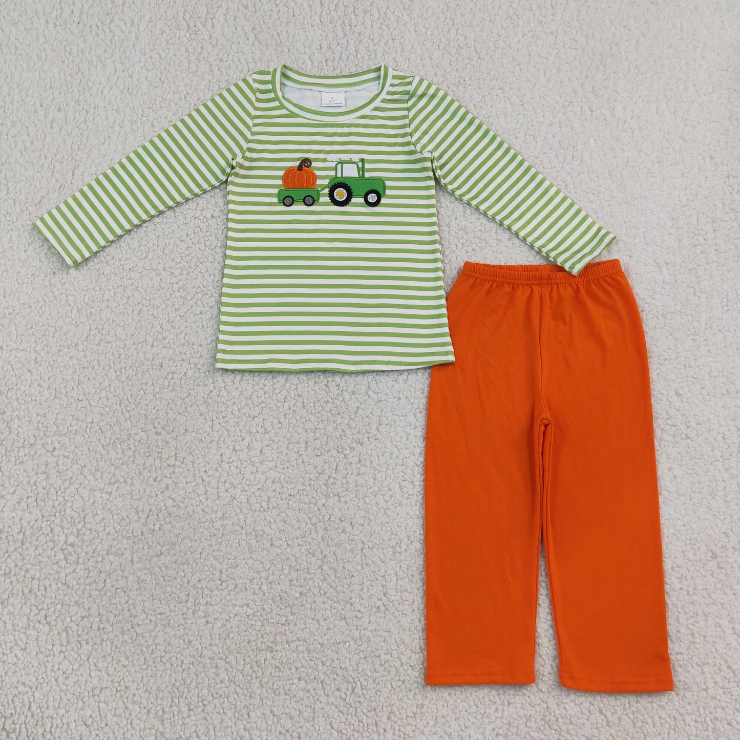 Embroidery BLP1441 Pumpkin Truck Green Striped Long Sleeve Orange Pants Boys Set