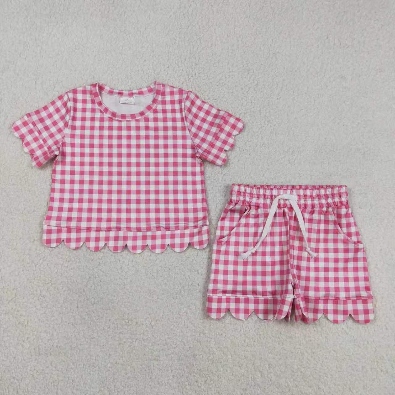 Checkered Scallop Short Sleeve Shorts Girls Set RTS Sibling Clothes
