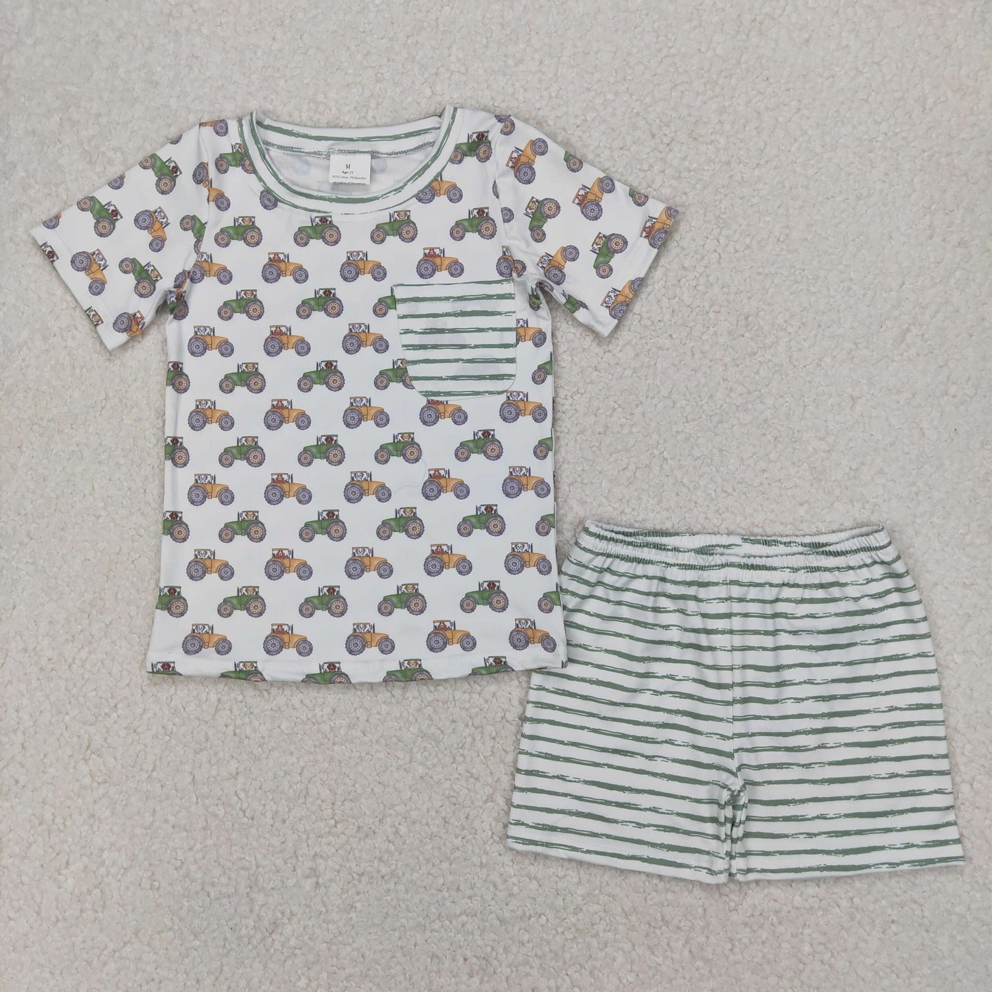 BSSO1354 farm tractor pocket short sleeve green striped shorts boys set