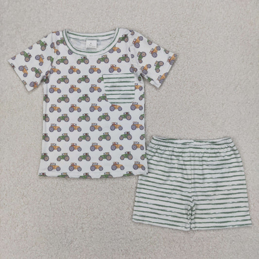 BSSO1354 farm tractor pocket short sleeve green striped shorts boys set
