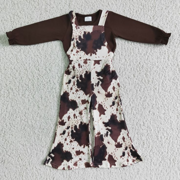 6 B3-25 Brown cotton shirt cow print overalls girls clothing