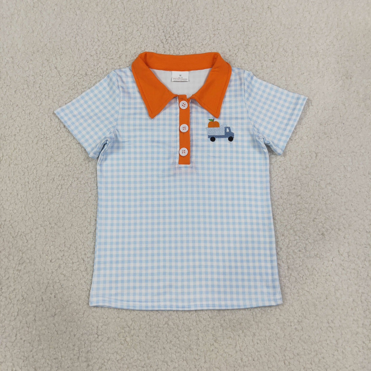 Embroidery BT1890 Truck Pumpkin Blue Checkered Short Sleeve Boys Top
