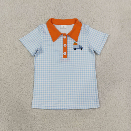 Embroidery BT1890 Truck Pumpkin Blue Checkered Short Sleeve Boys Top
