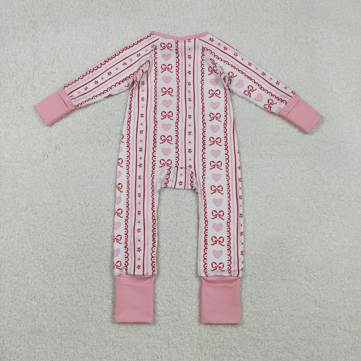 LR2781 red pink bows heart long sleeve zipper girls romper