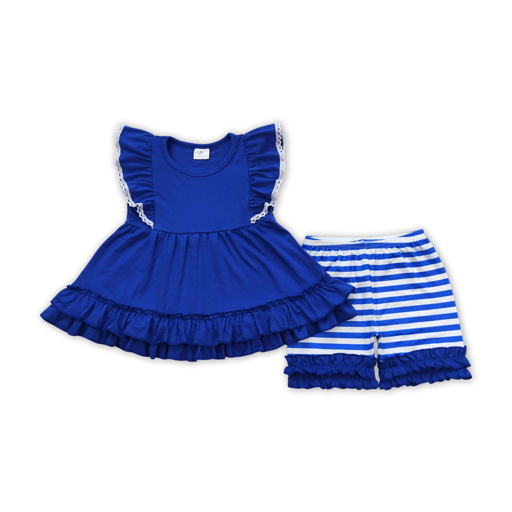 GSSO0762 Navy blue flutter sleeve navy blue striped shorts girls set