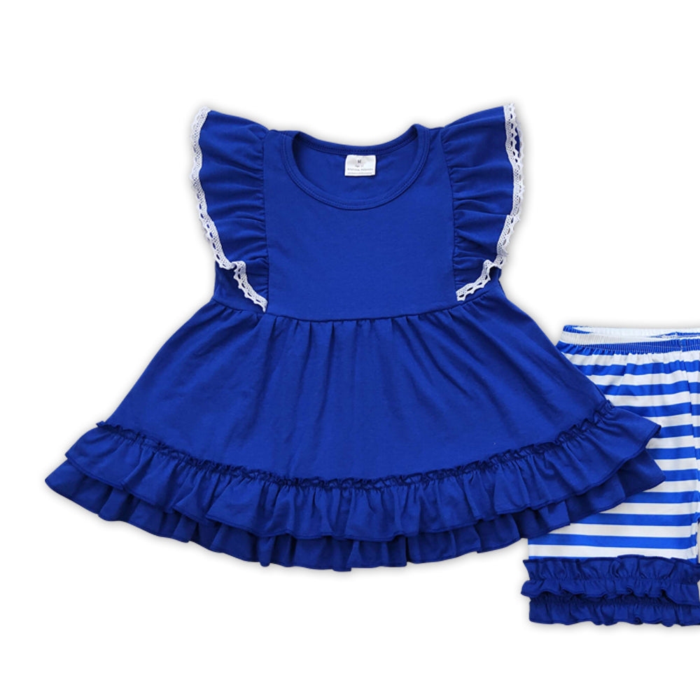 GSSO0762 Navy blue flutter sleeve navy blue striped shorts girls set