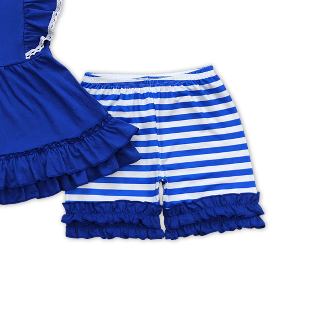 GSSO0762 Navy blue flutter sleeve navy blue striped shorts girls set