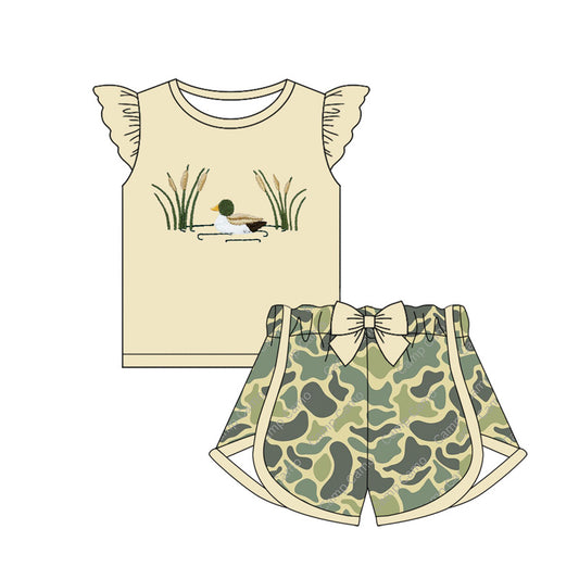 MOQ 3 Custom Hunting Mallard Duck Flutter Sleeve Camo Shorts Girls Set