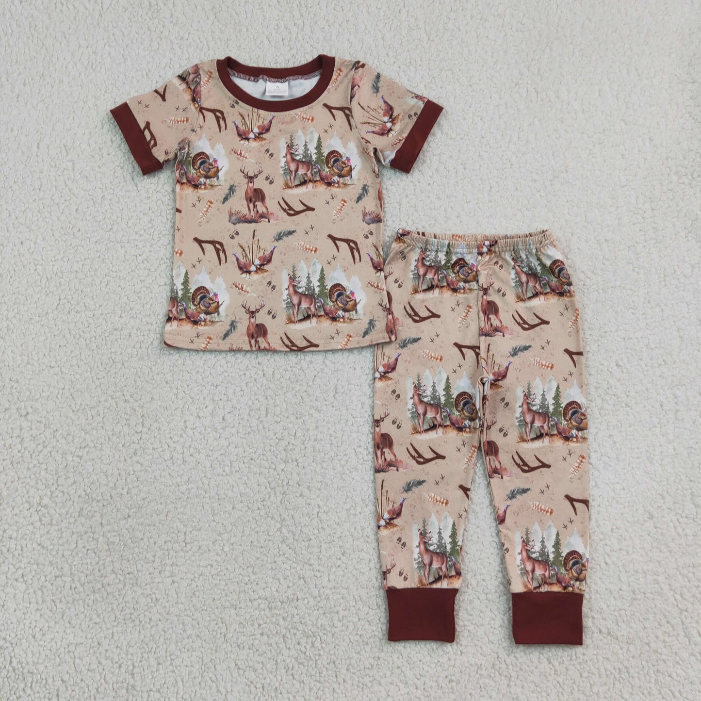 BSPO0494 hunting deer turkey brown short sleeve pants boys pajamas boys set