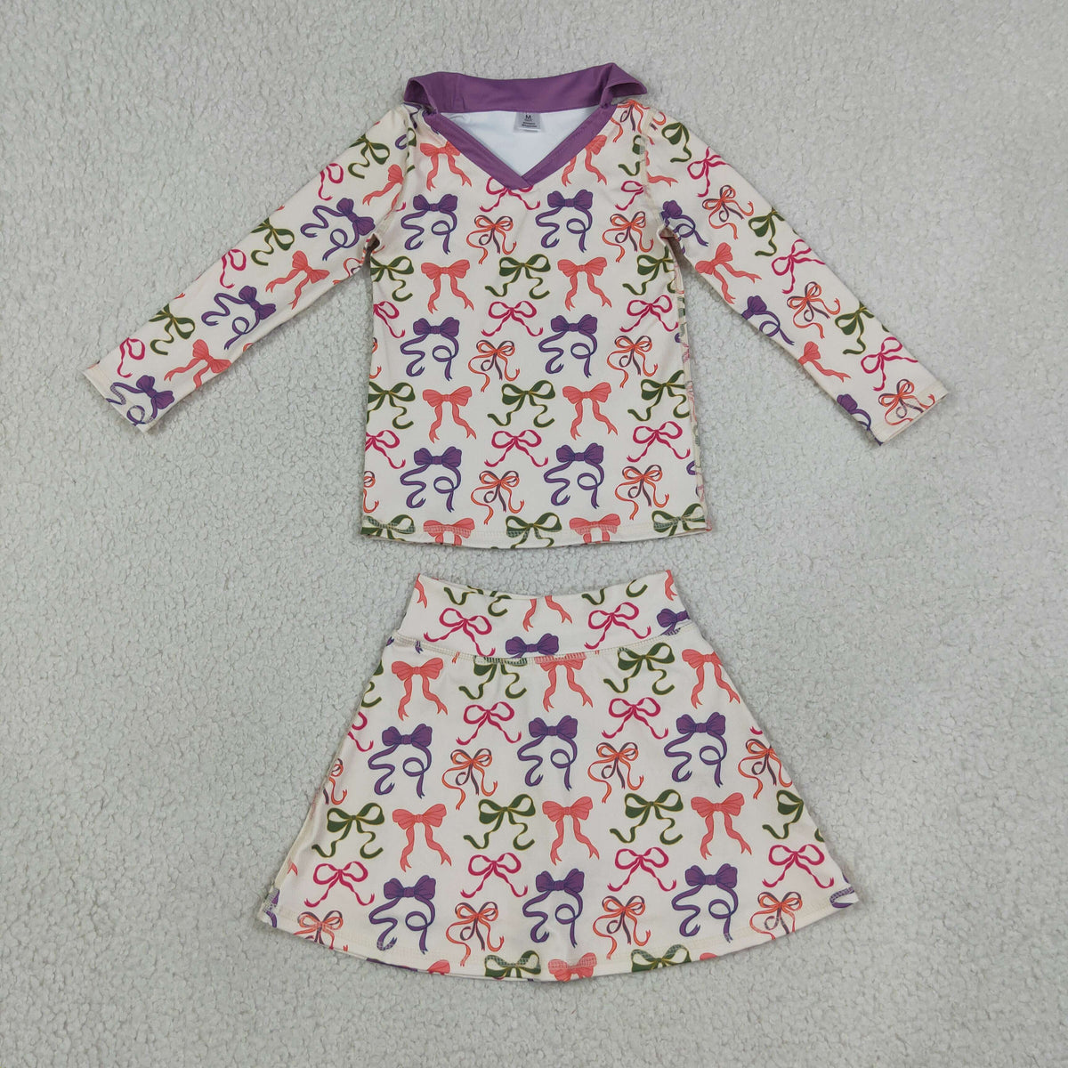 GLD1632 Yoga Colorful Bows Long Sleeve Skorts Girls Set