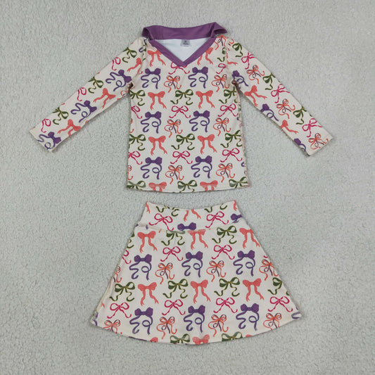 GLD1632 Yoga Colorful Bows Long Sleeve Skorts Girls Set