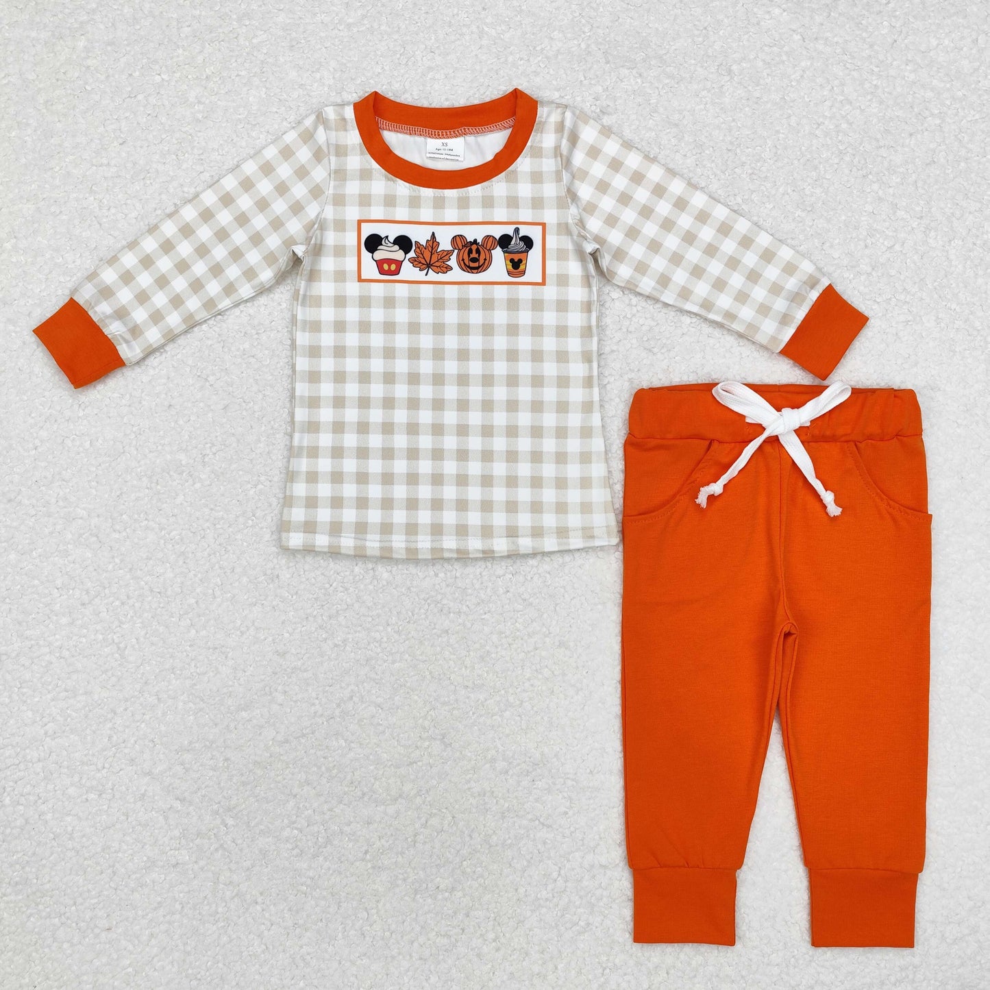 BLP0696 Halloween cake pumpkin checkered long sleeve orange pants boys set