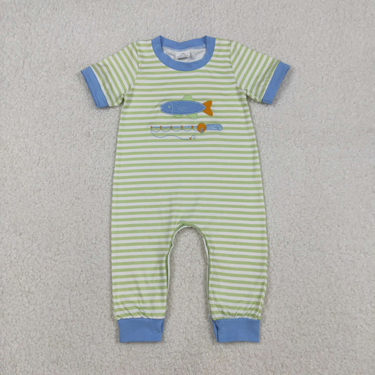 Embroidery SR3329 fishing green striped short sleeve boys romper