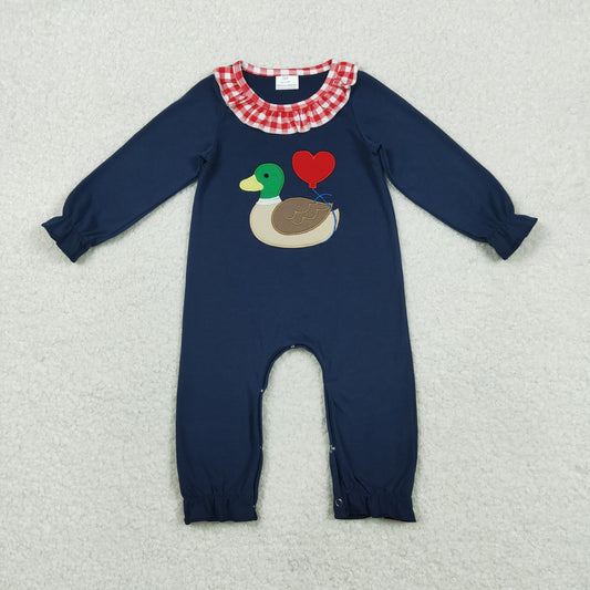 LR2720 Valentine's Day heart mallard duck navy blue long sleeve girls romper