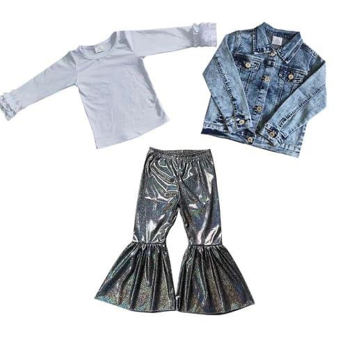 GLP0768 White long sleeve top denim coat disco pants 3pcs outfit girls set