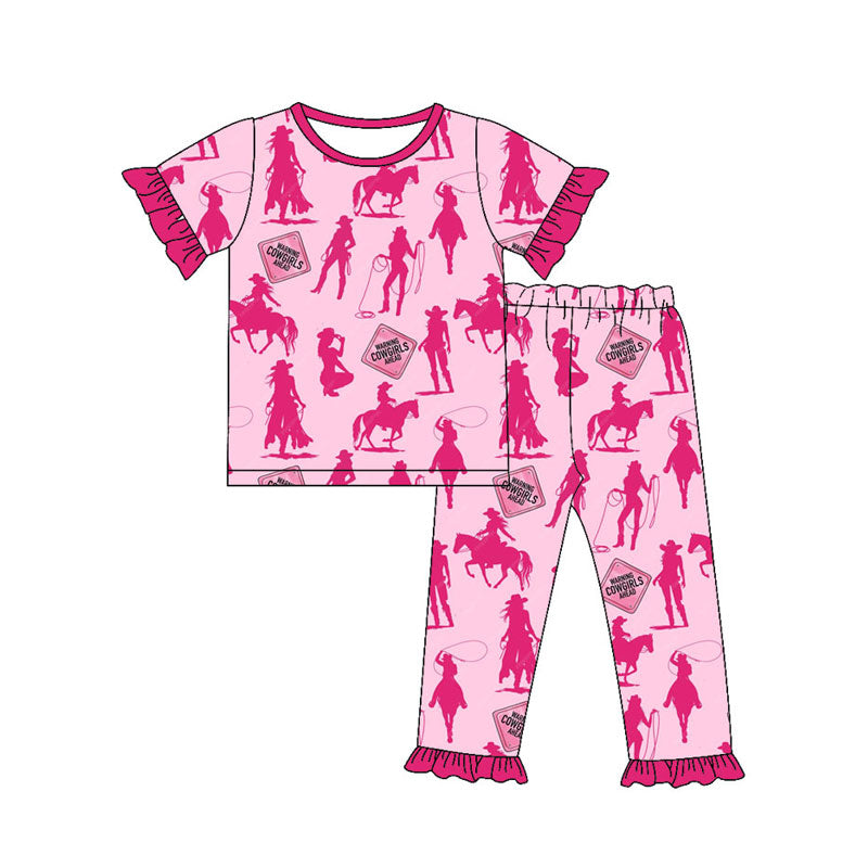 custom moq 5 Western rodeo cowgirl hot pink short sleeve pants girls pajamas