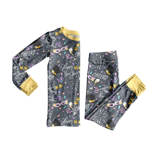 Custom moq 20 bamboo happy new year mask hat star grey long sleeve pants girls pajamas