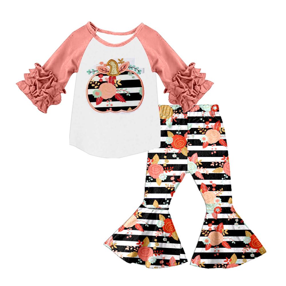 6 A4-15 Pumpkin Ruffles Raglan Sleeve Tunic Match Striped Floral Print Kids Casual Outfits