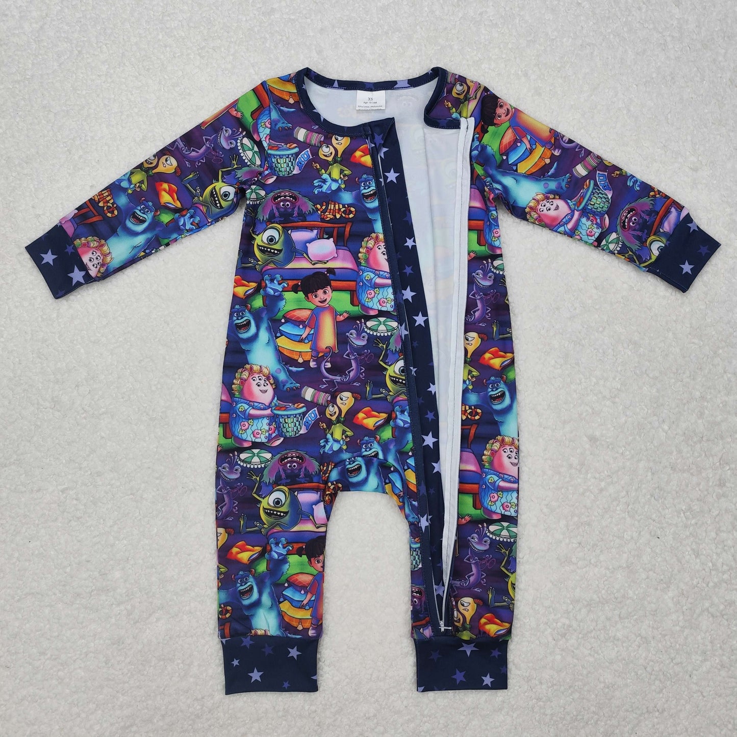 Custom moq 20 bamboo Cartoon Monster Animals Purple Long Sleeve Zipper Girls Romper