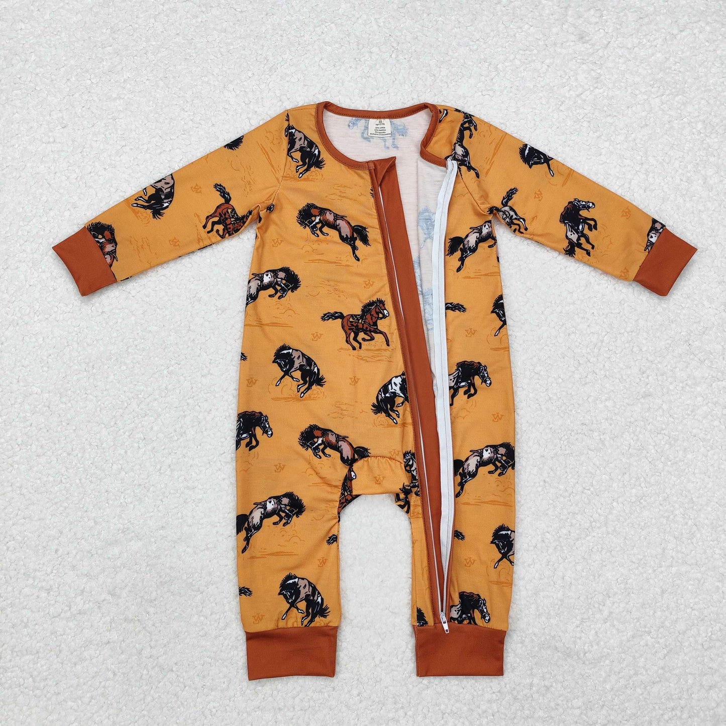 bamboo LR1857 Western rodeo horse brown long sleeve zipper boys romper