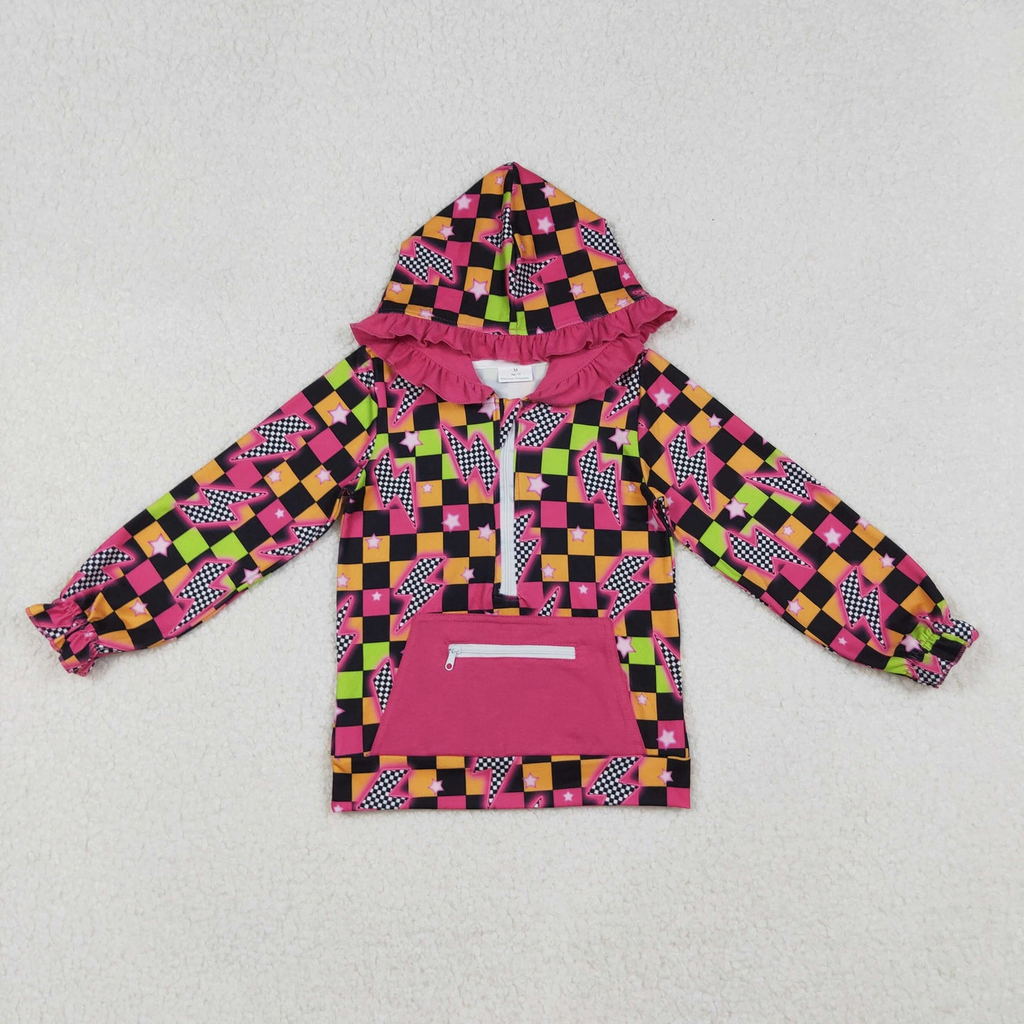 GT1117 colorful checkered flash pocket zipper long sleeve hoodie girls top