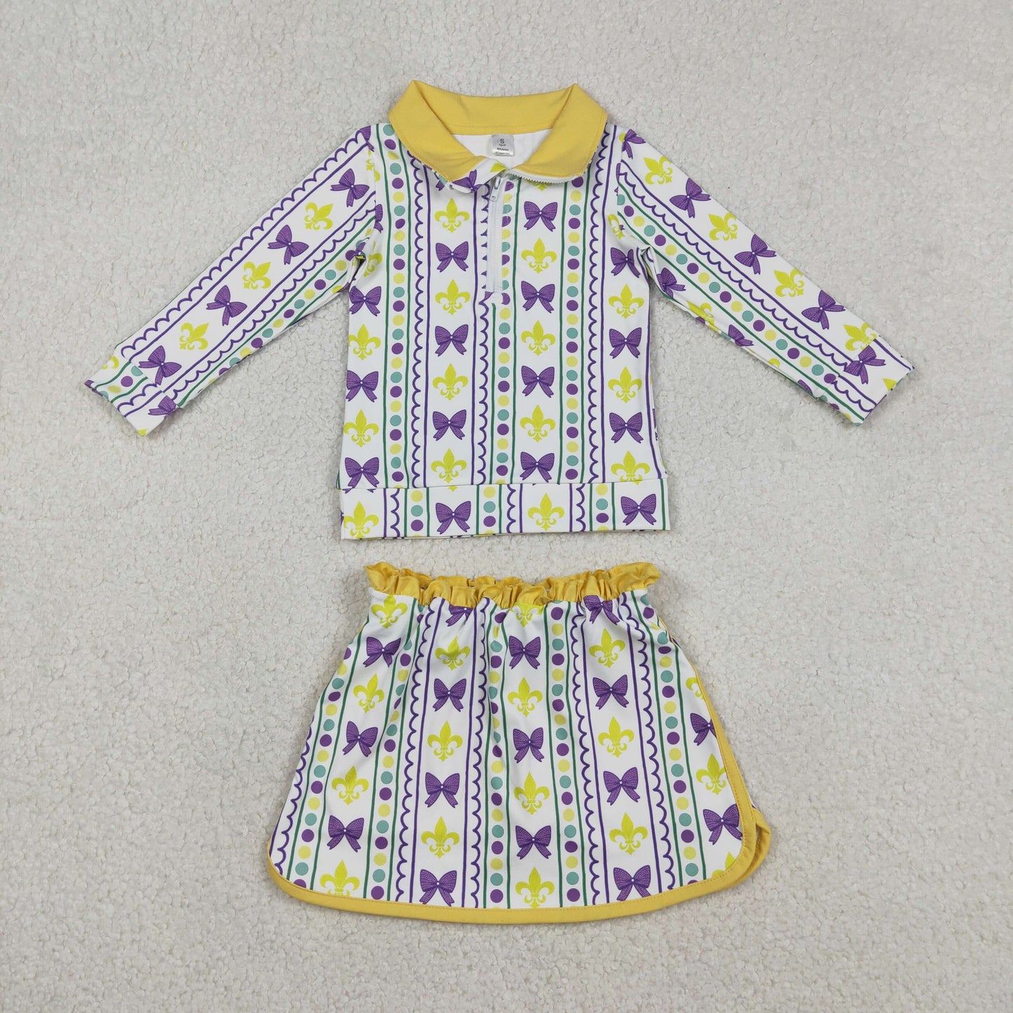 GLD1363 Yoga Mardi Gras yellow green purple bows zipper long sleeve skorts skirt girls set