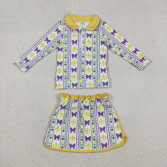GLD1363 Yoga Mardi Gras yellow green purple bows zipper long sleeve skorts skirt girls set
