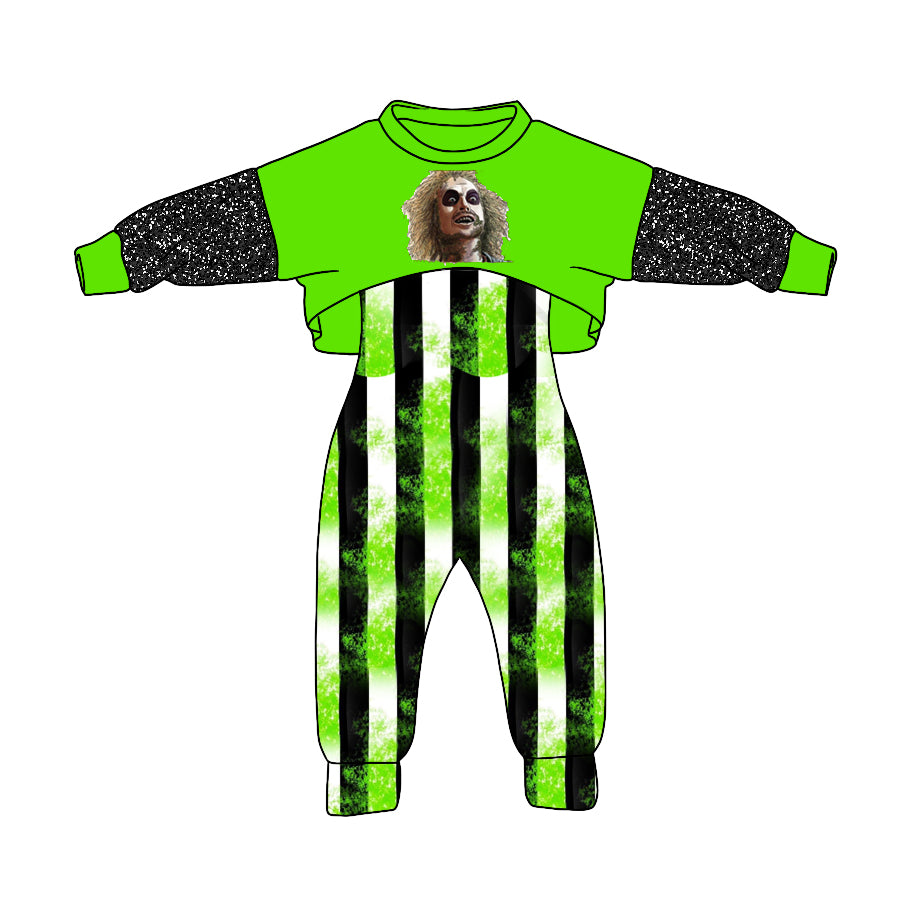 custom S 8.4 Halloween green long sleeve black & green striped jumpsuits girls set