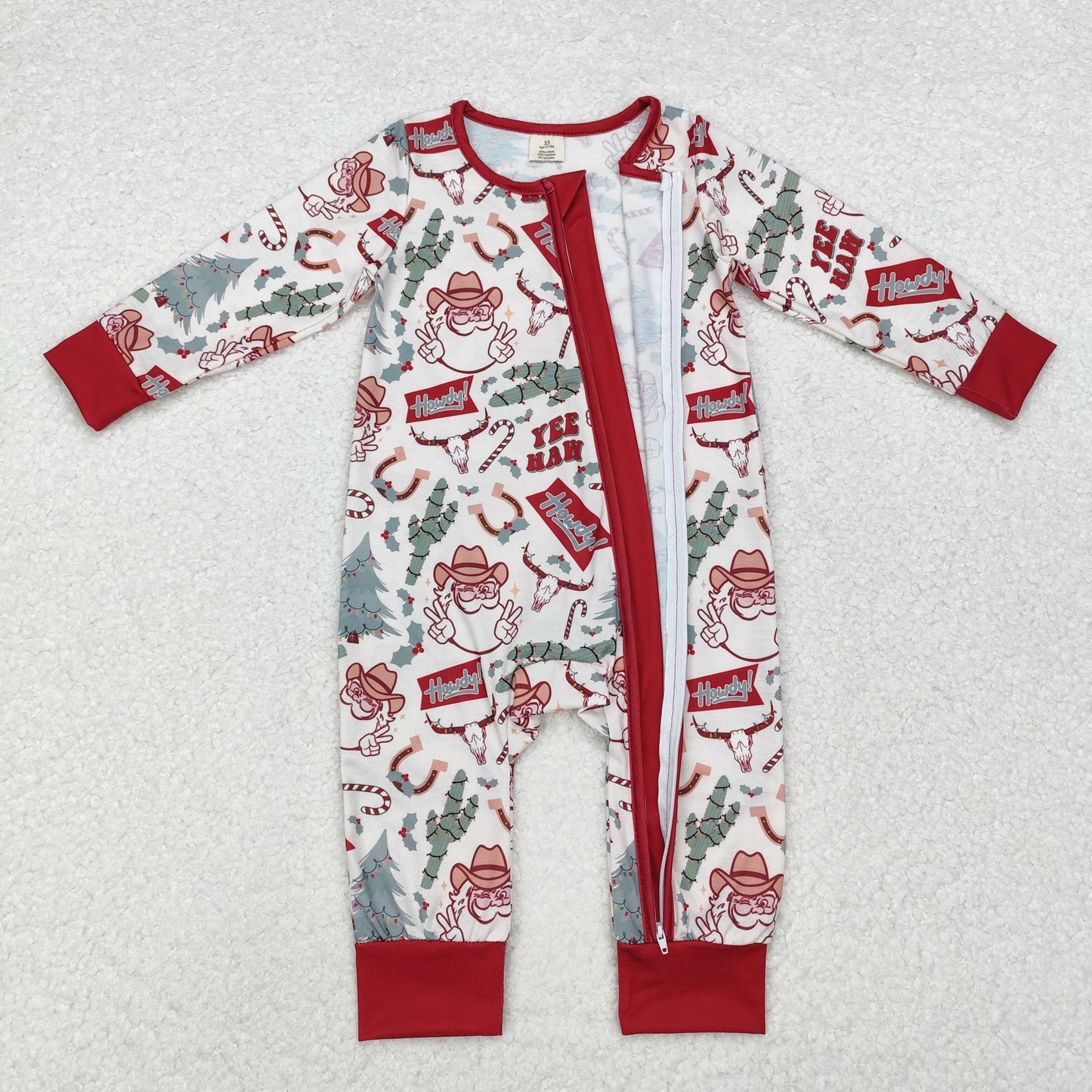 bamboo LR1278 Christmas howdy Santa tree long sleeve boys zipper romper