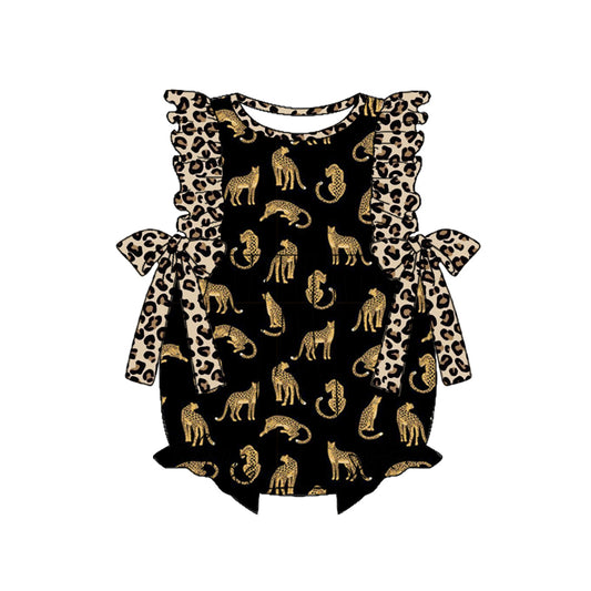 Custom Leopard black flutter sleeve leopard print girls romper moq 3