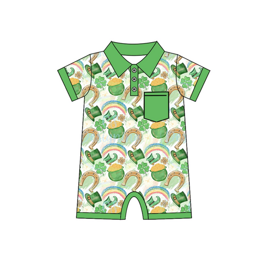 preorder SR2381 St. Patrick Clover Hat Green Pocket Short Sleeve Boys Romper