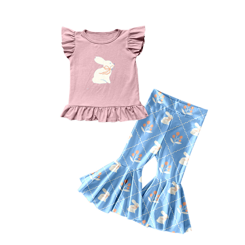 Custom Moq 3 Easter Bunny Rabbit Flutter Sleeve Flowers Blue Pants Girls Set