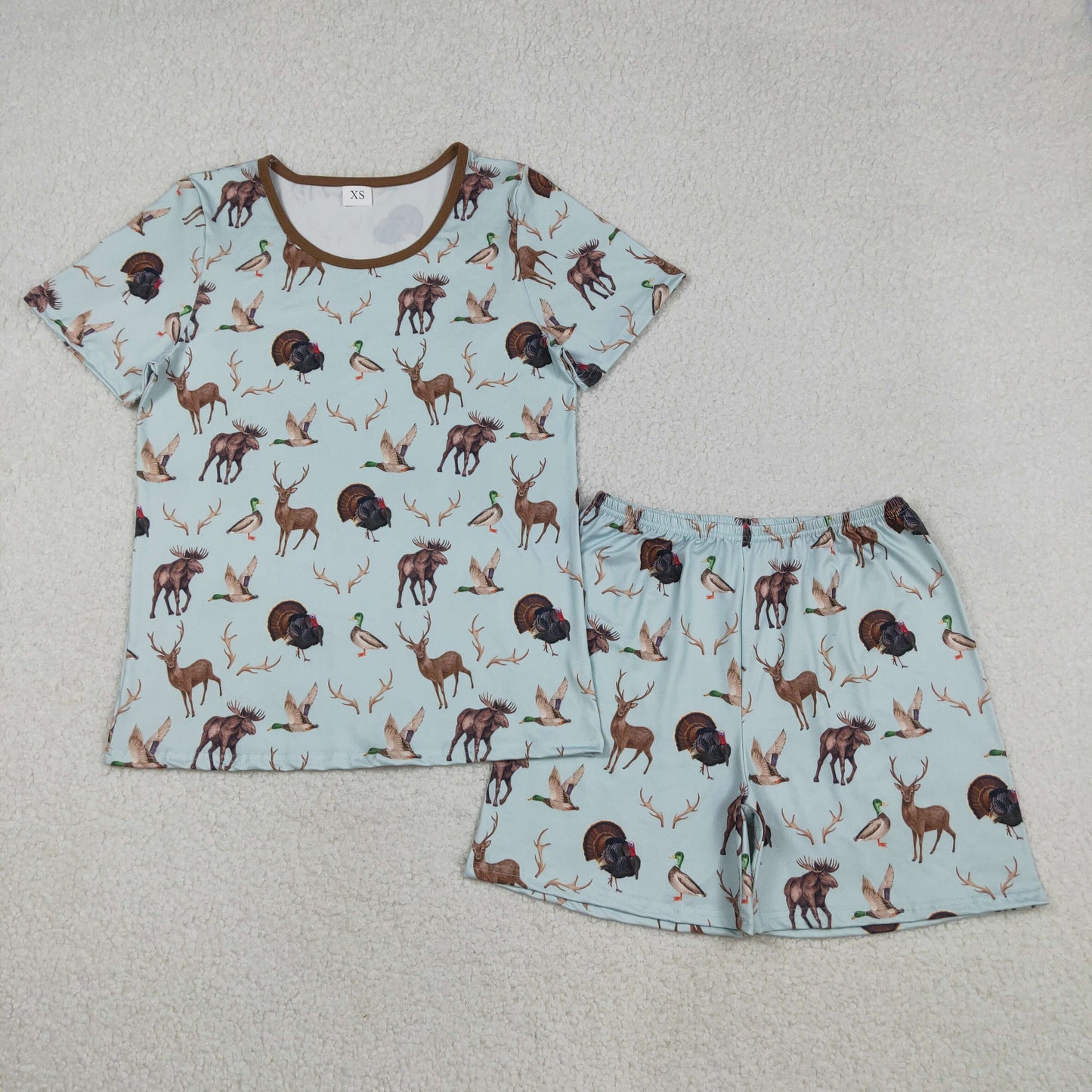 preorder samples GSSO2711 hunting turkey mallard deer blue short sleeve shorts adult women pajamas