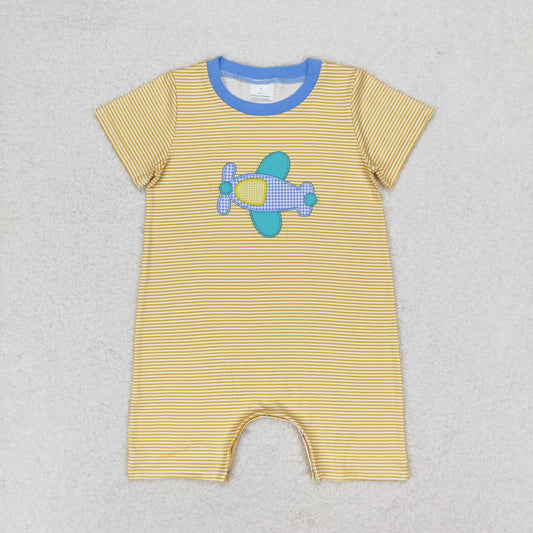 SR1264 embroidery cartoon plane yellow short sleeve boys romper