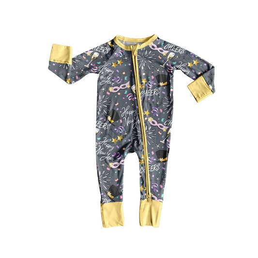 Custom moq 20 bamboo happy new year mask firework grey zipper long sleeve girls romper