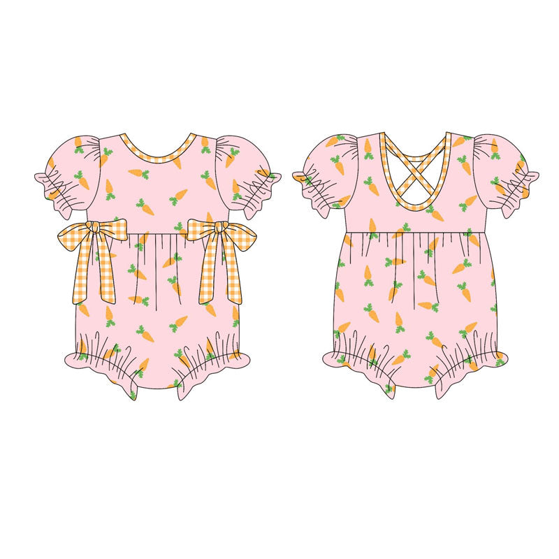 custom moq 5 Easter carrot bows pink short sleeve girls romper