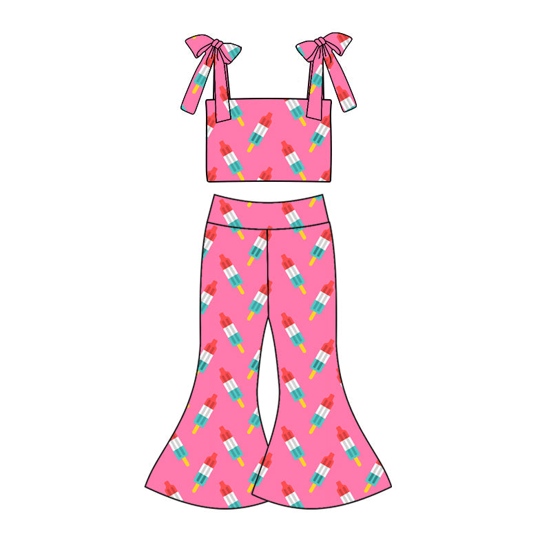 custom (moq 5)Baby Girls 4th Of July Popstick Straps Top Bell Pants Clothes Sets