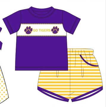 custom S go tigers purple short sleeve yellow striped shorts boys set