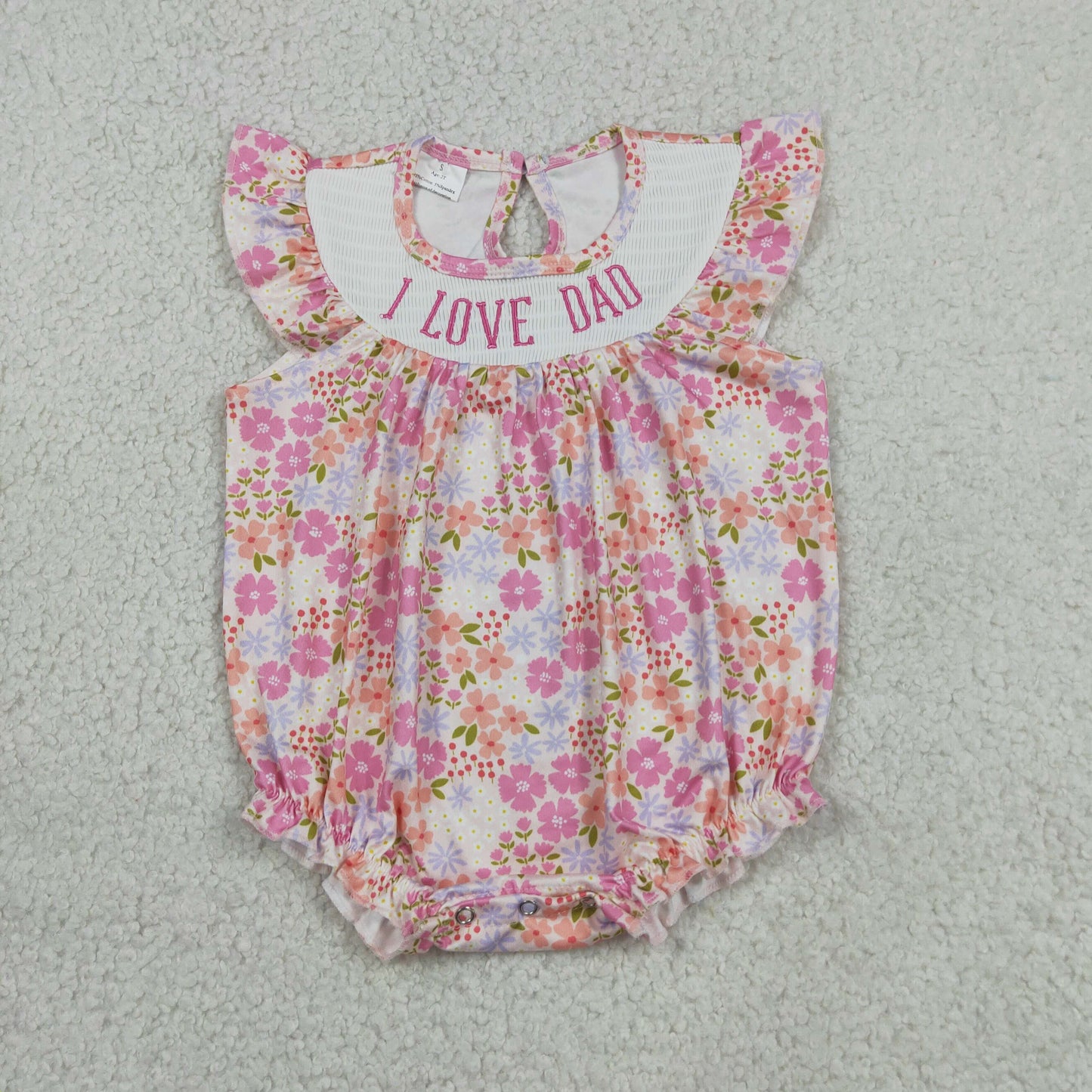 Smocked Embroidery SR4142 I Love Dad Flowers Short Sleeve Girls Romper