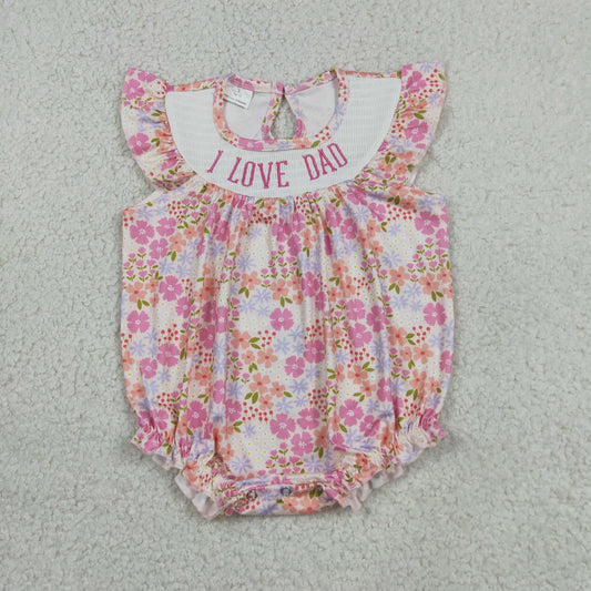 Smocked Embroidery SR4142 I Love Dad Flowers Short Sleeve Girls Romper
