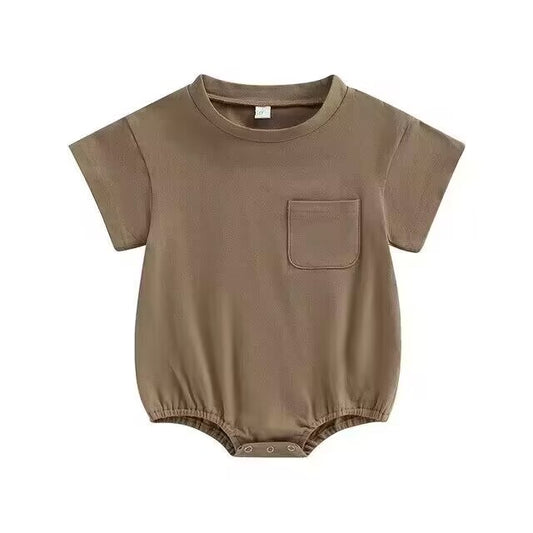 custom S brown pocket short sleeve girls romper no moq