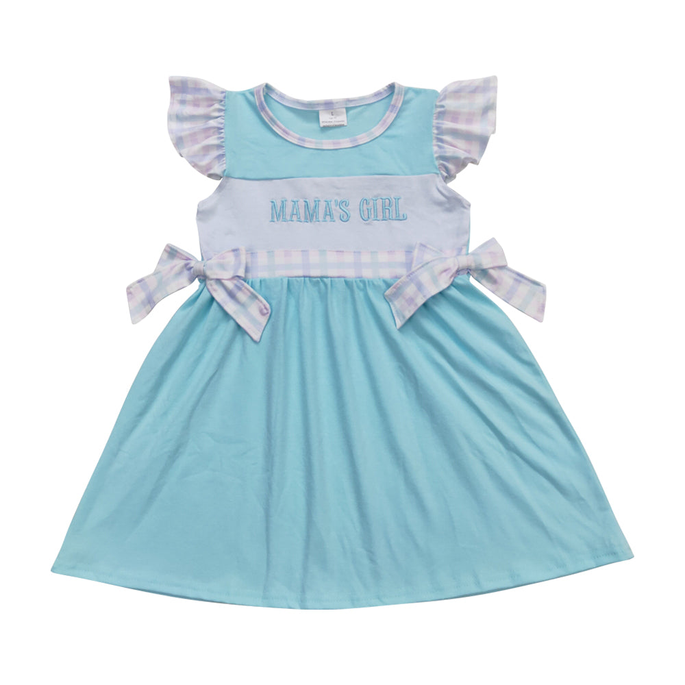 GSD0848 embroidery Mama's Girl cyan flutter sleeve girls dress