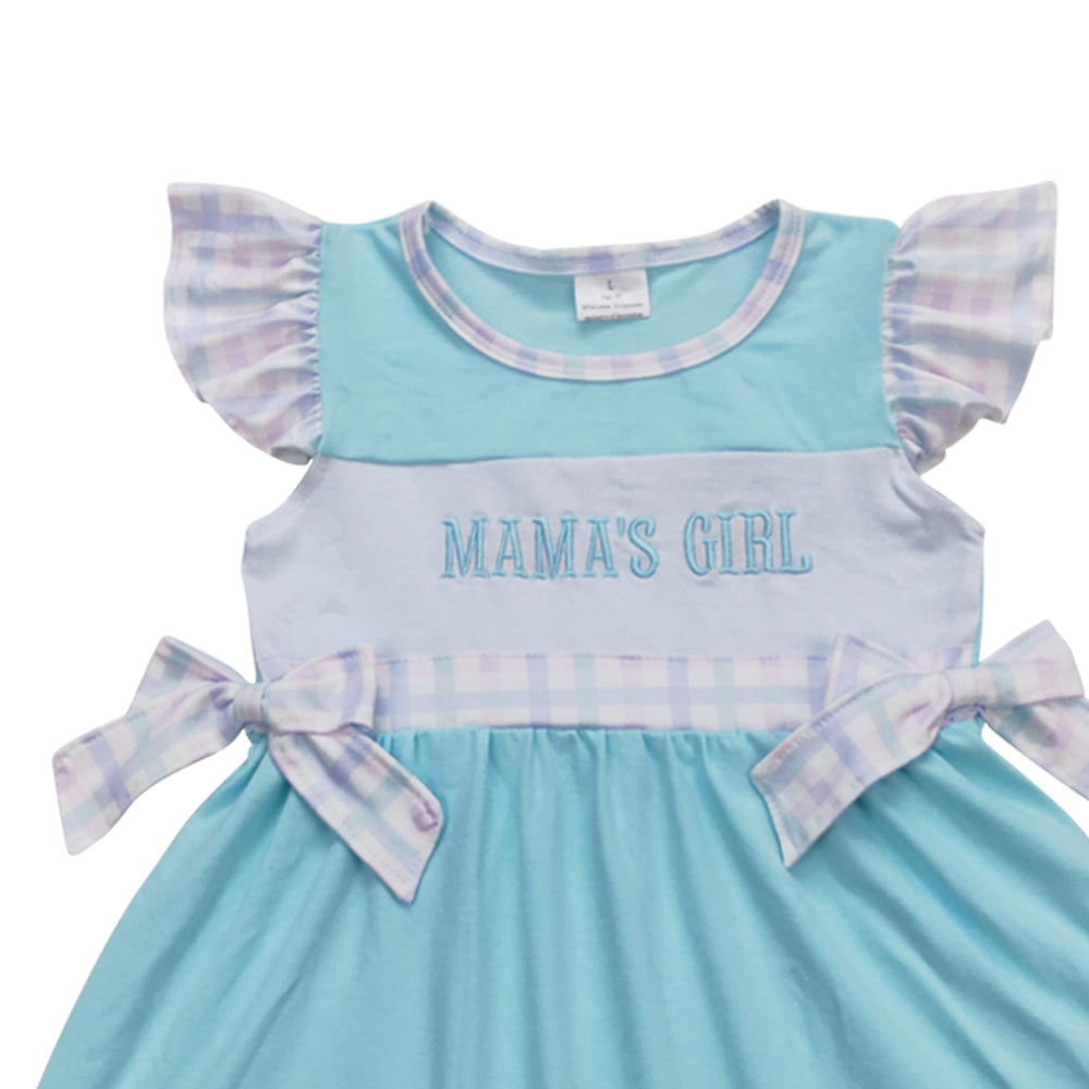 GSD0848 embroidery Mama's Girl cyan flutter sleeve girls dress