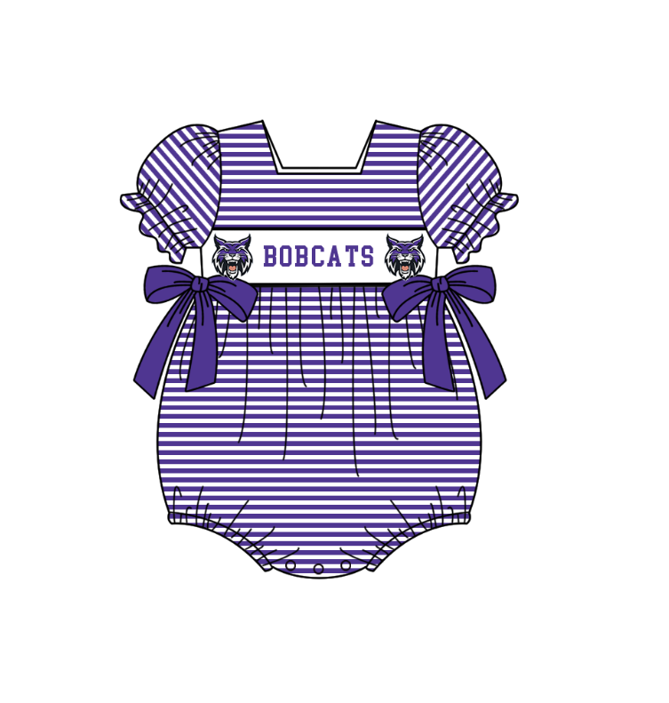 Custom Moq 3 Football Item Purple Bobcats Short Sleeve Girls Romper