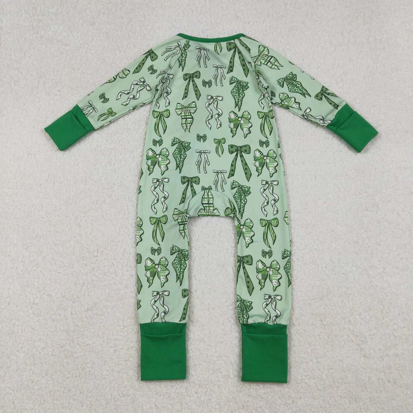 LR2654 St Patrick coquette bows green bows zipper long sleeve girls romper