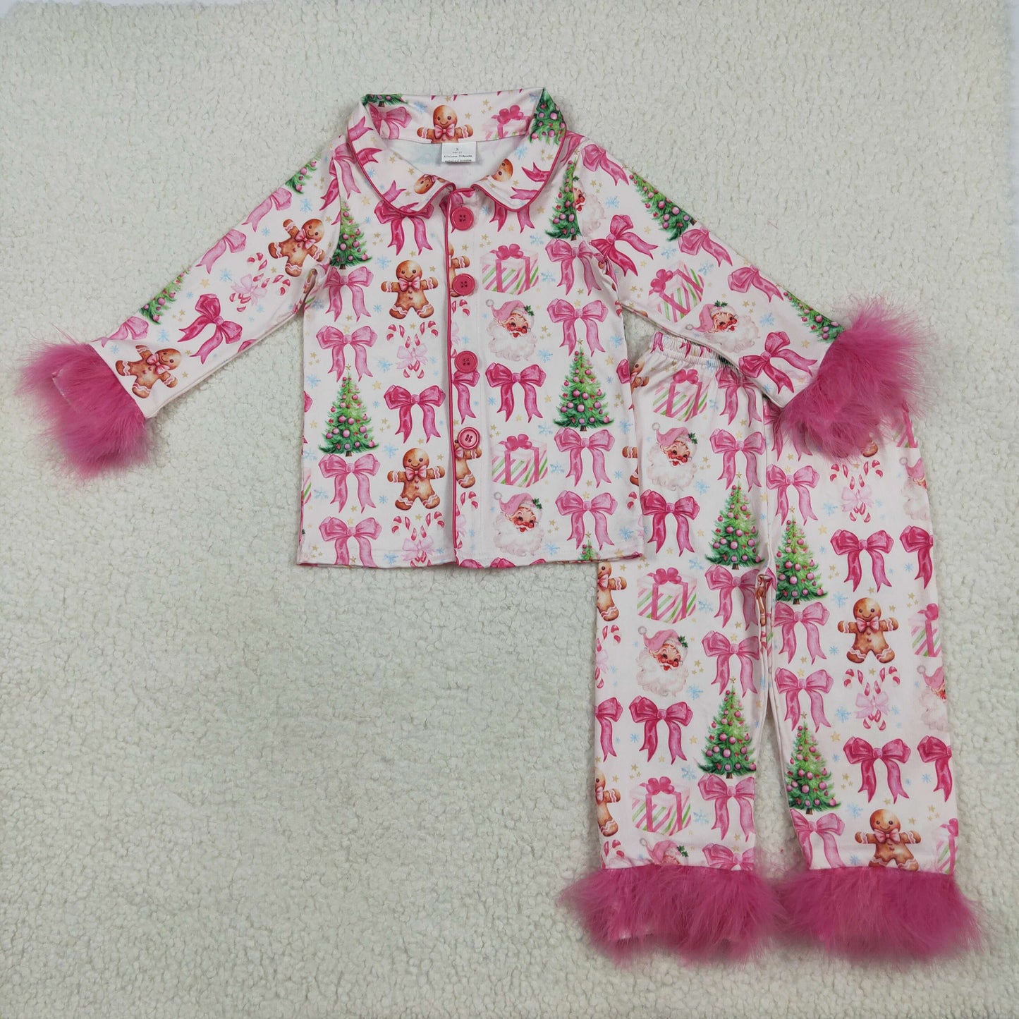 GLP2375 Christmas gingerbread man Sabta tree hot pink bows long sleeve pants girls fur pajamas