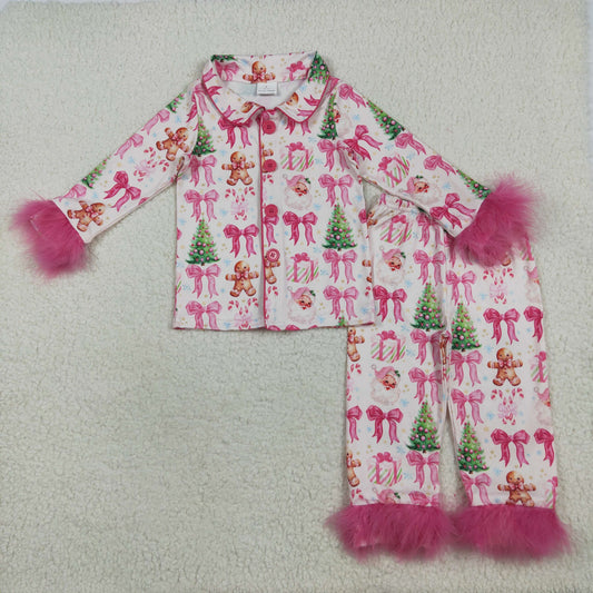 GLP2375 Christmas gingerbread man Sabta tree hot pink bows long sleeve pants girls fur pajamas