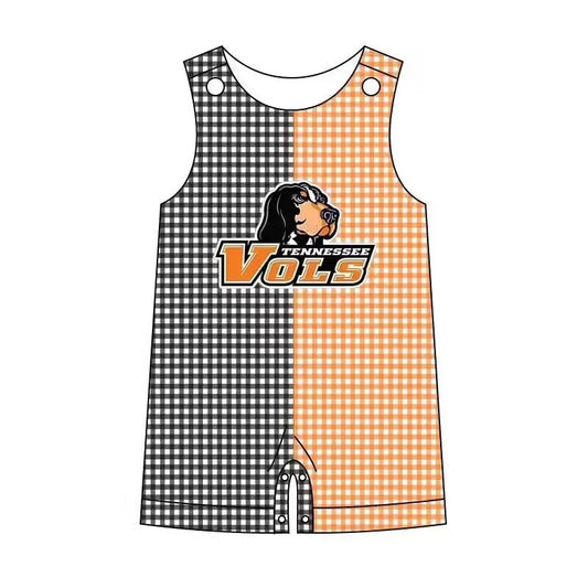 custom style VOLS dog black & orange checkered sleeveless boys romper