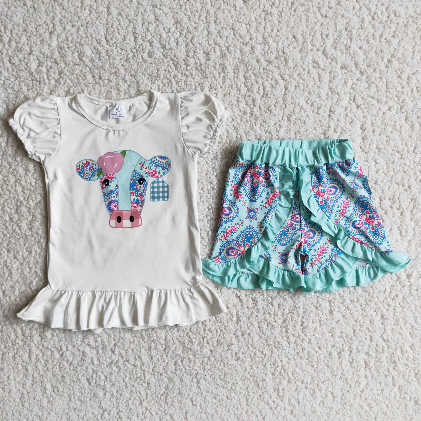 A4-12 Cow Short Sleeve Floral Print Shorts Girls Set