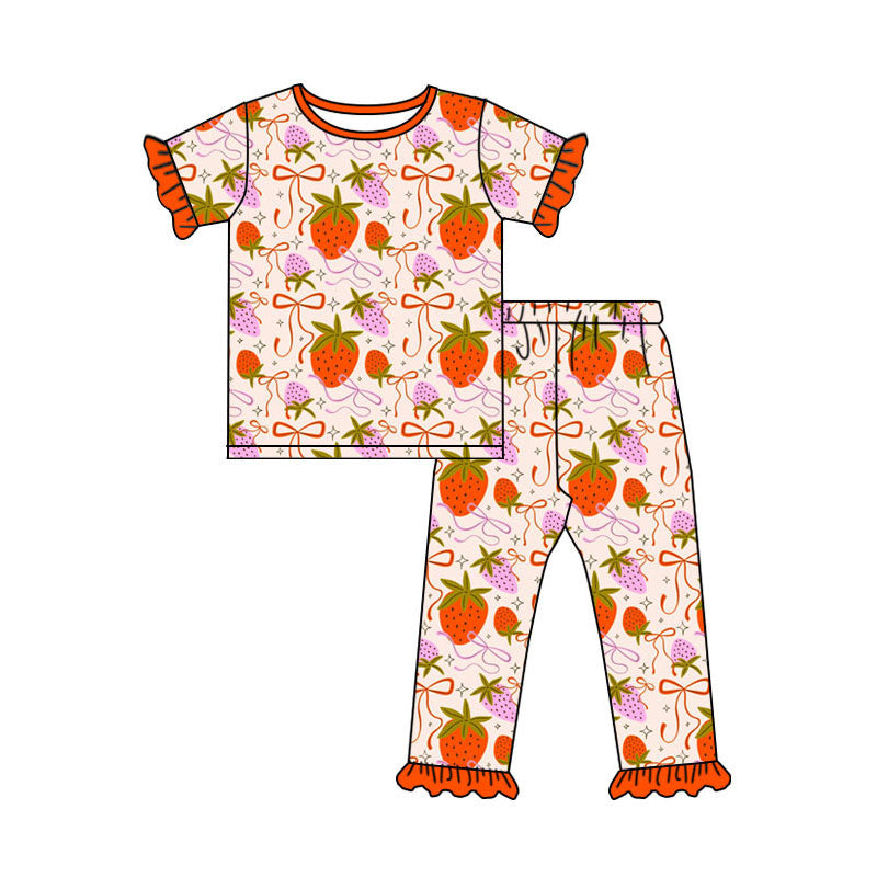 custom moq 5 strawberry bows red short sleeve pants girls pajamas